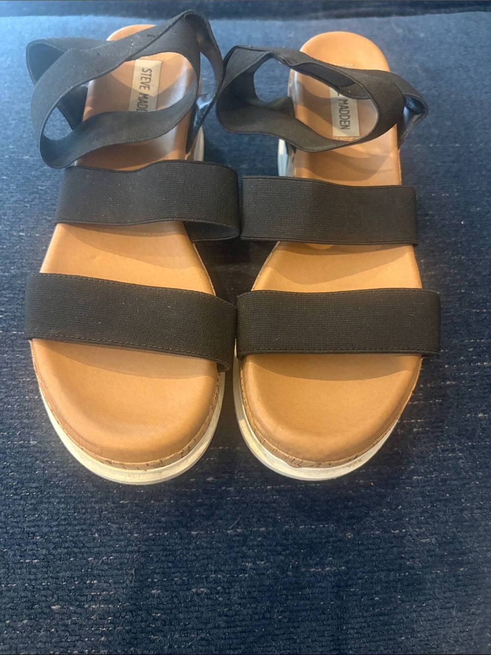 Steve Madden Black Elastic Strap Platform Sandals with Tan Footbed